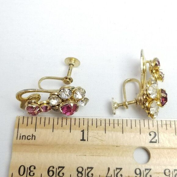 Vintage Pink Rhinestone Flower Clip On Earrings, Screw Back Gold Tone Setting - Picture 4 of 6
